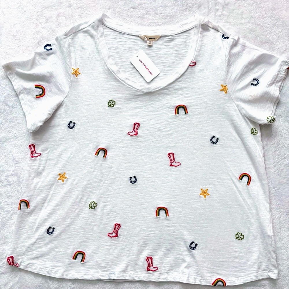 LUCKY BRAND Cowgirl Short Sleeve Embroidered Cotton T-Shirt--1X - Picture 8 of 13